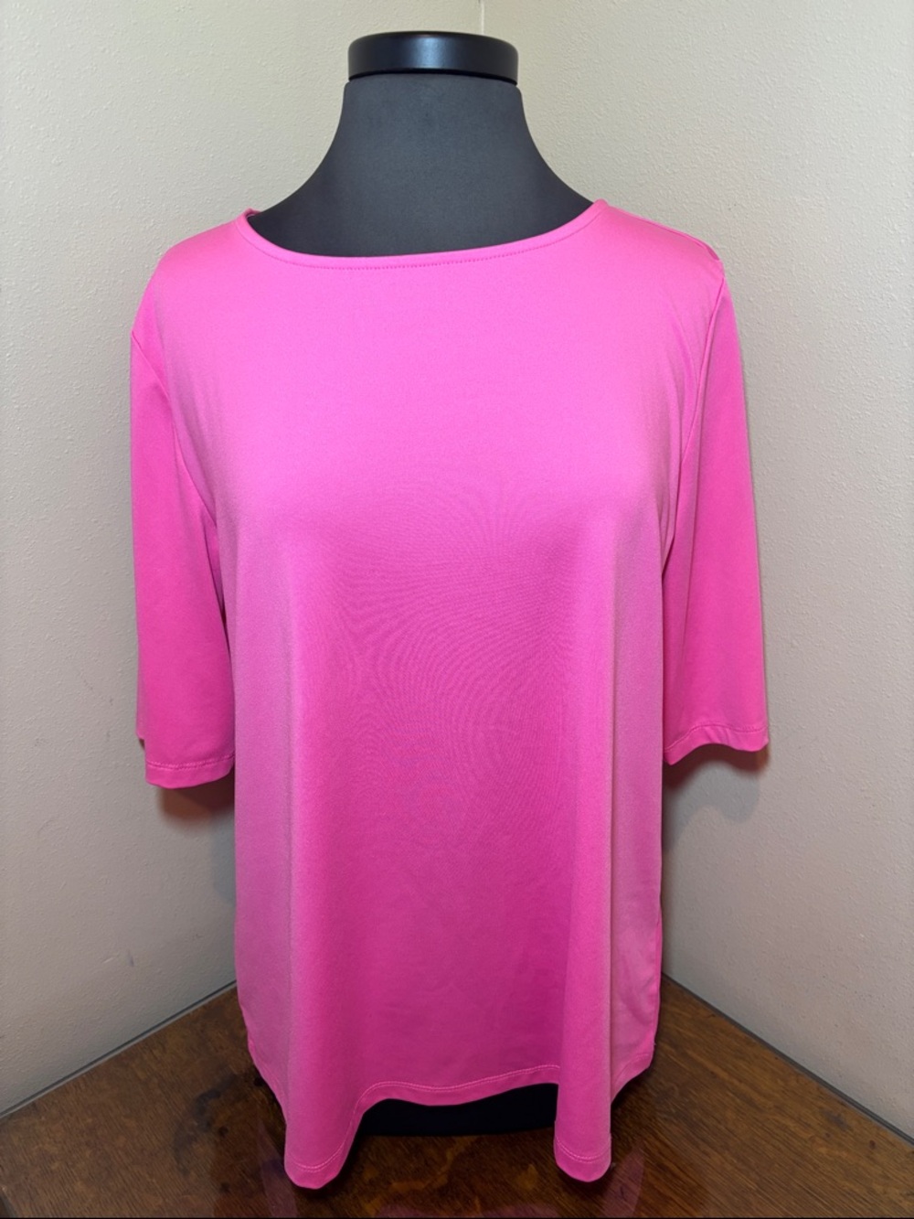 Susan Graver Essentials Liquid Knit Bright Pink Boatneck Elbow-Sleeve Top, large